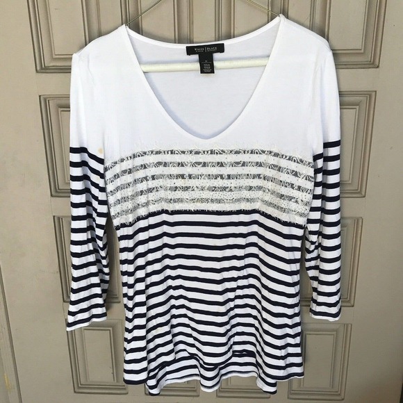 WHBM Top SzM Blk/Wht Stripe Lace Embellishment V Neck Used - Picture 1 of 7